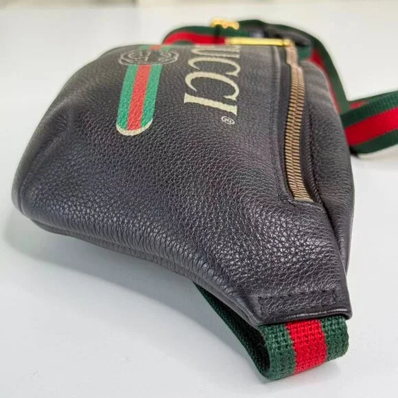 Gucci Black Leather Printed Bum Bag with Green & Red Stripes and Gold Hardware - Picture 4 of 8